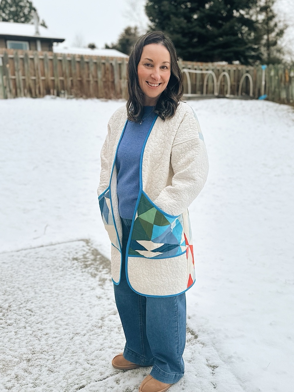 Colorful Geometric Patchwork Quilted Jacket - Blue & Green - Picture 2 of 4